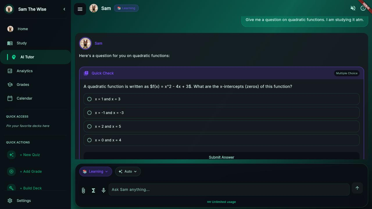 Sam AI Tutor conversation